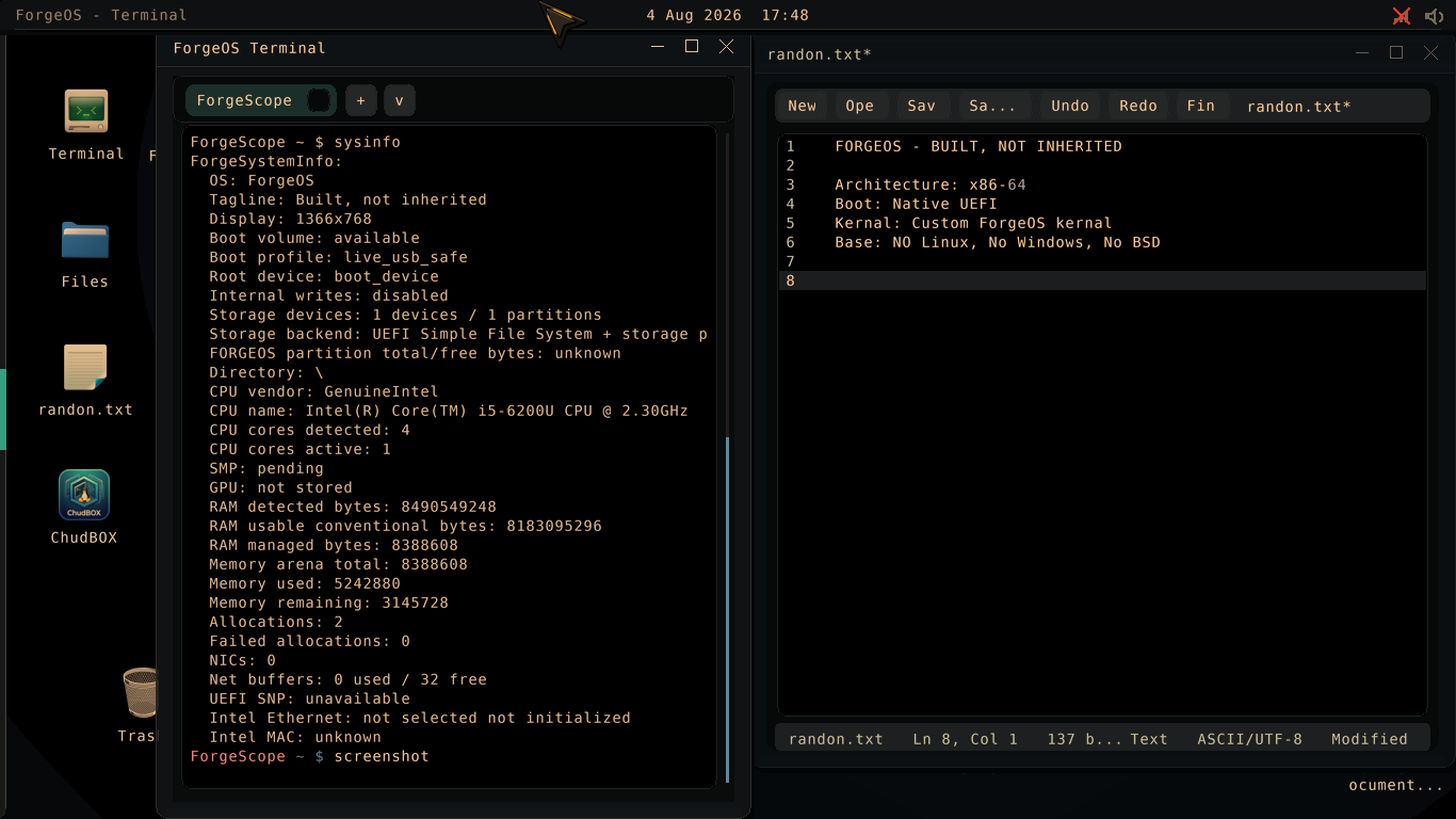ForgeOS desktop showing the native terminal and text editor