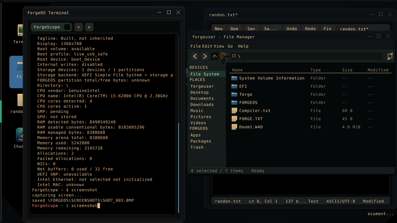 ForgeOS desktop showing the native terminal, text editor and file manager